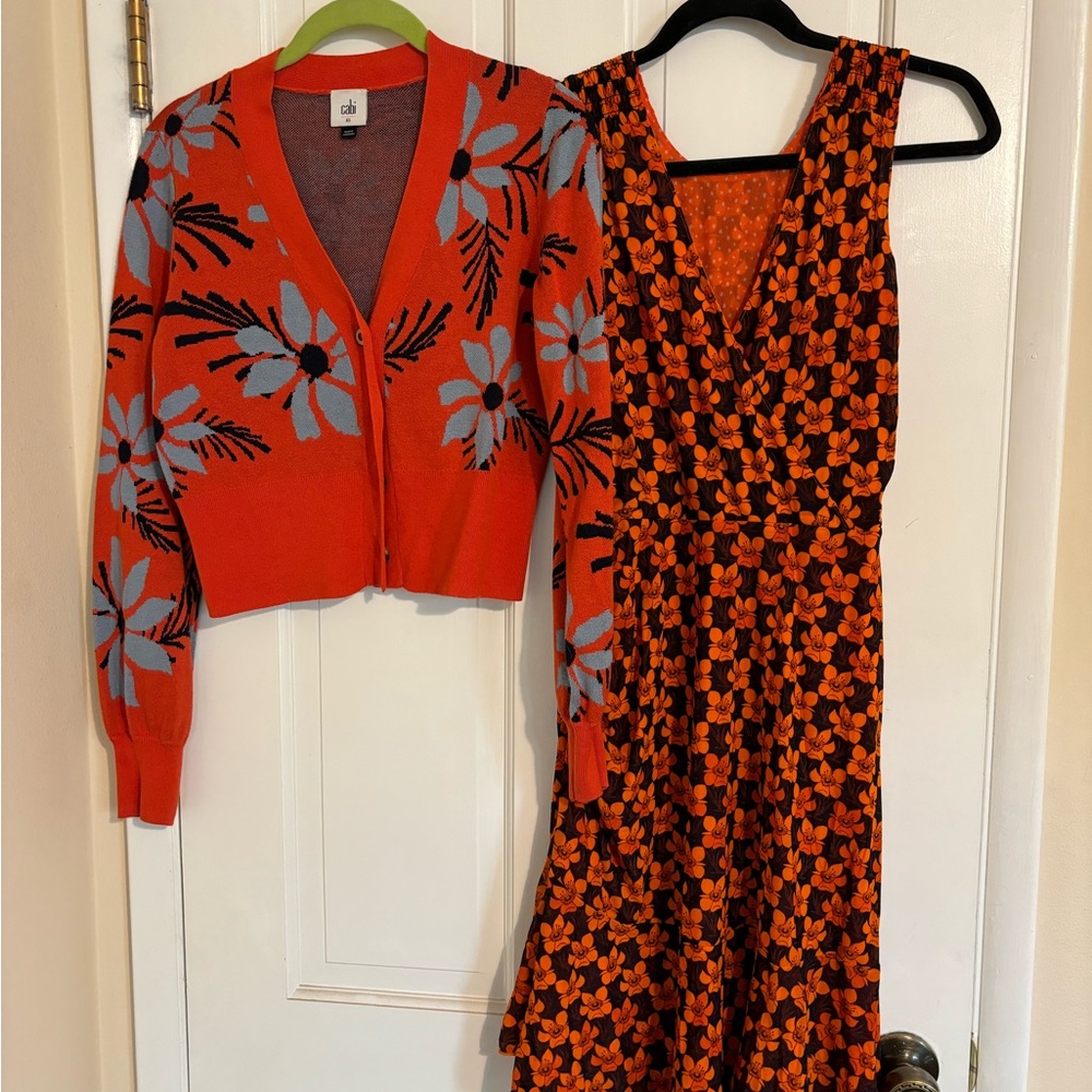 CAbi Orange Floral Cardigan and Orange/Black Floral Dress